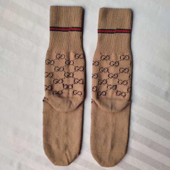 GUCCI | Web Stripe Camel Brown GG Logo Jacquard Knit Calf Socks Unisex Pre-Owned - Picture 11 of 11